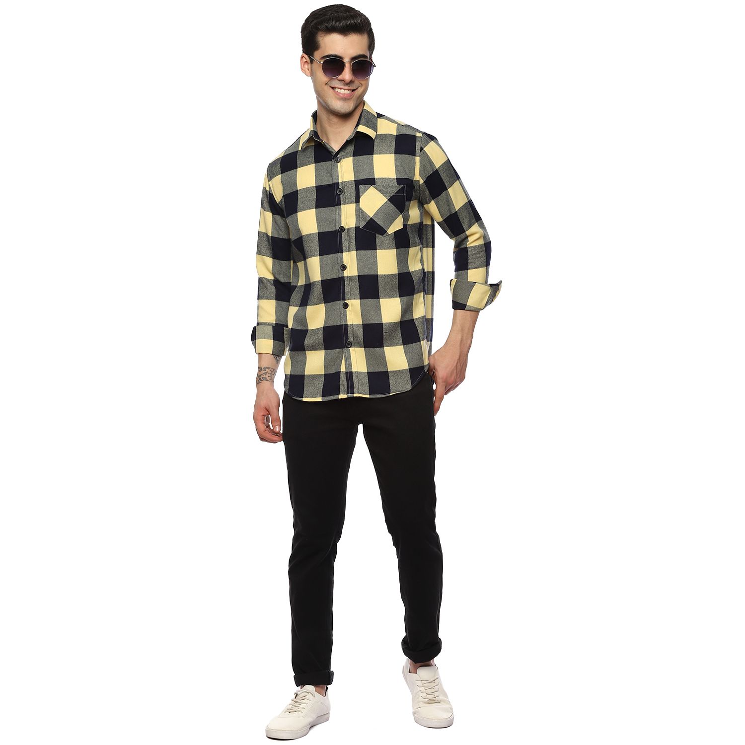 Yellow & Blue Check Shirt-Single Pocket