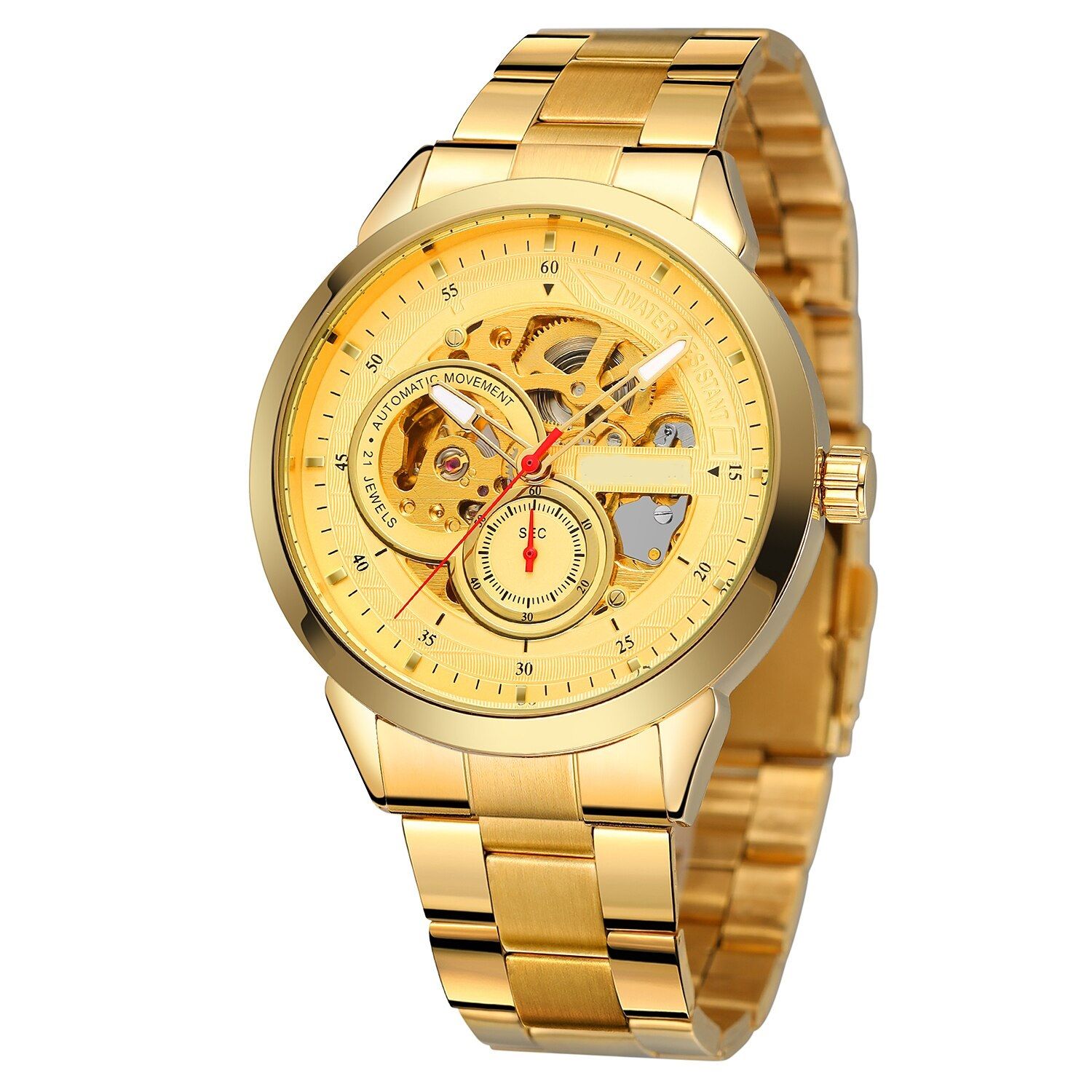 Forsining Golden Business Automatic Mechanical Luxurious Movement Analog Watch Automatized See Through Glass Back Self Winding Wrist Pulses Highlighted For Men