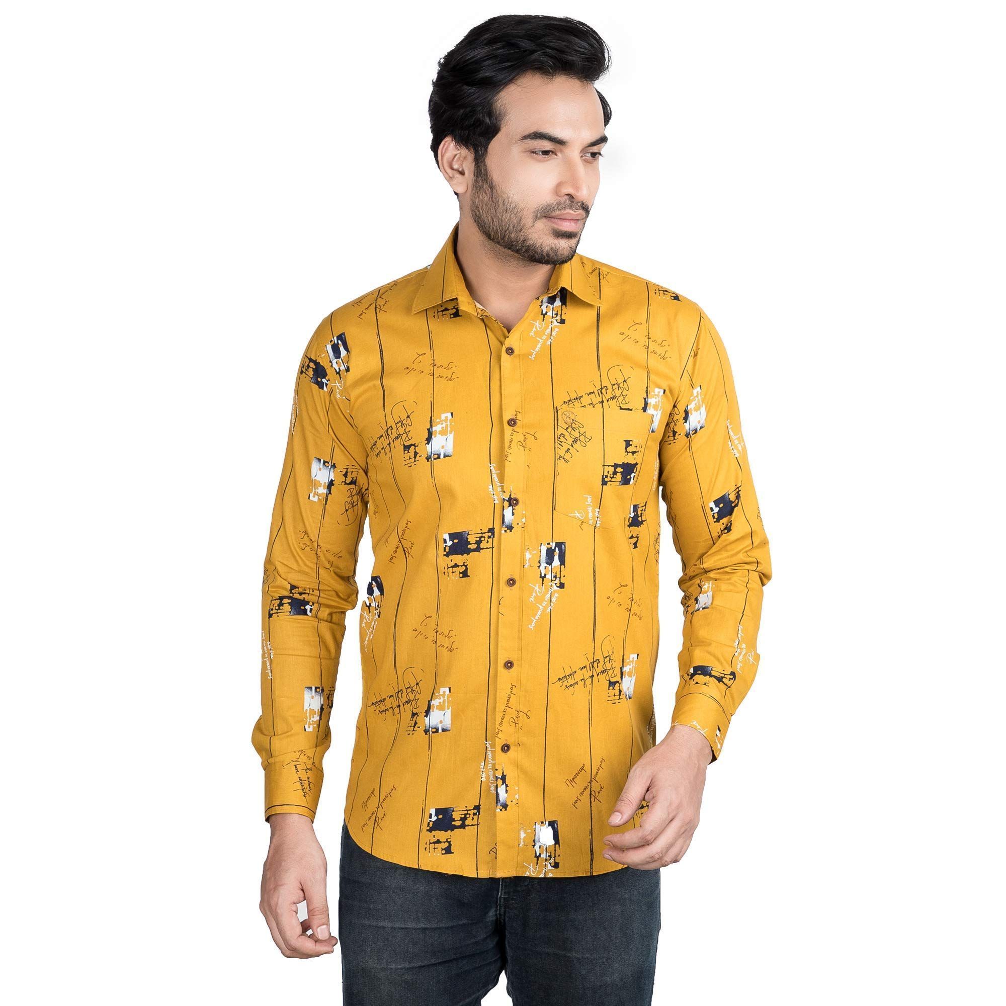 Genius Shirts 100% Cotton Print Casual Slim Fit Men's Full Sleeve Shirt (40, Yellow)