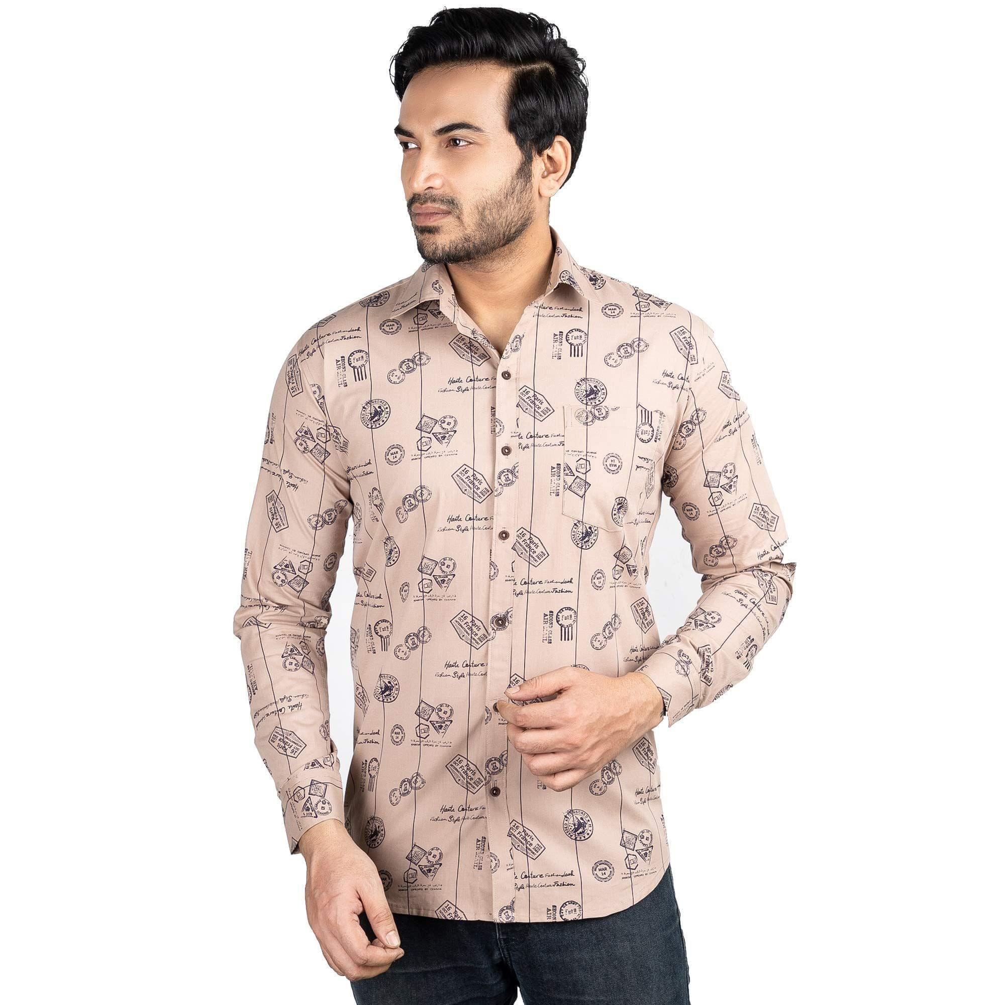 Genius Shirts 100% Cotton Print Casual Slim Fit Men's Full Sleeve Shirt (38, Light Brown)