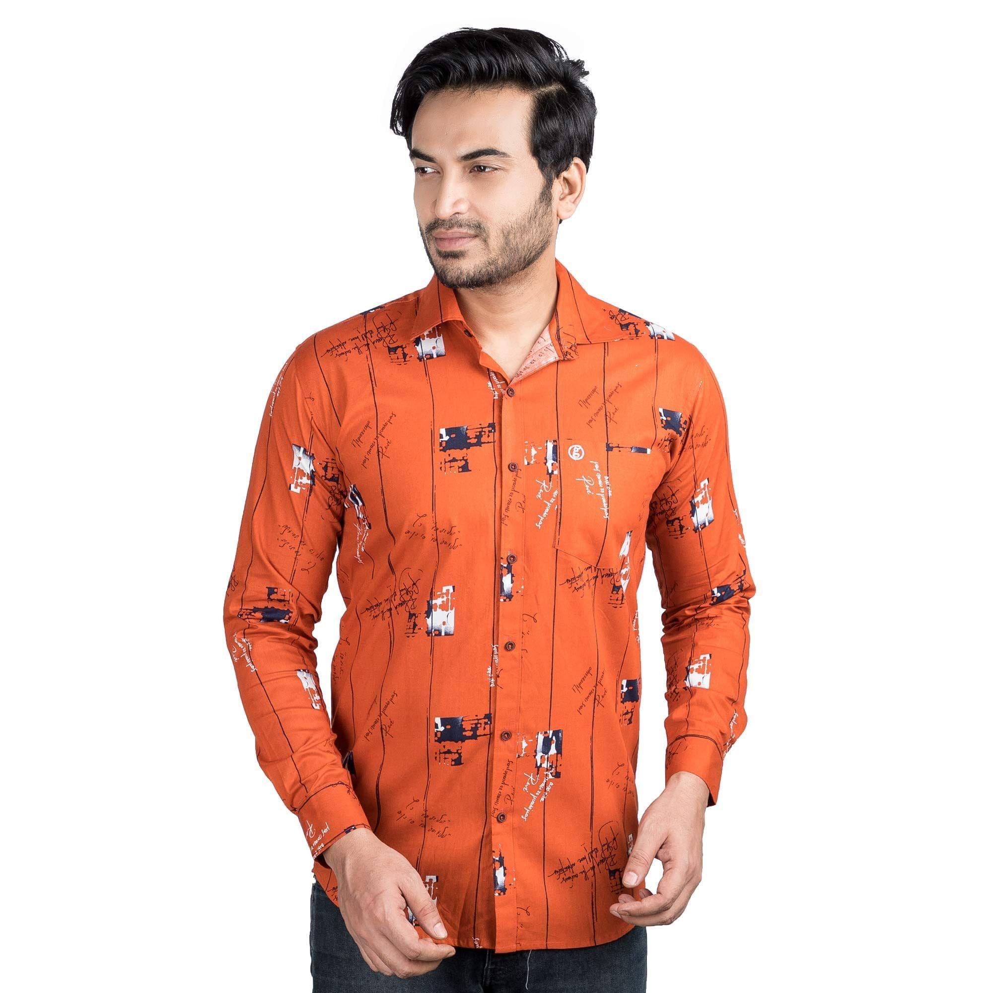 Genius Shirts 100% Cotton Print Casual Slim Fit Men's Full Sleeve Shirt (38, Orange)