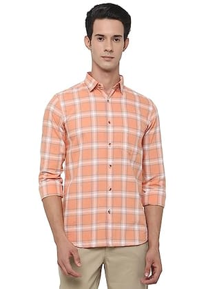 Men's Orange & White 100% Cotton Slim Fit Checked Semi Casual Shirt