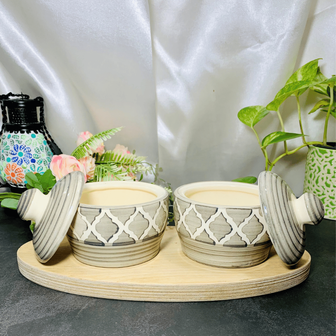 Homefrills Handpainted Multi-Utility Storage Ceramic Jars & Containers with Lid Ceramic Jars for Kitchen& Dining Table Storage Snacks /butter Jars Set of 2(2 jars with Lid ) Colour-Grey