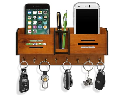 LAAYO Wooden Key Holder & Mobile Holder for Wall Stylish with Storage Box - Home Decorative Stylish Designer Pen Holder & 7 Hook Stand Wooden for Home Wall, Office, Hall & Living Room (Double Box)