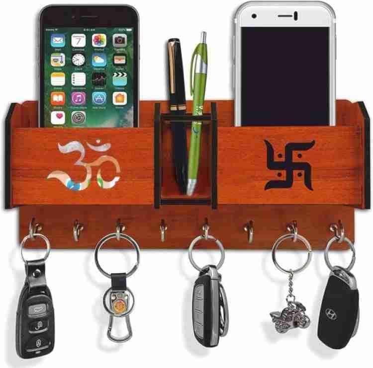 LAAYO Wooden Key Holder & Mobile Holder for Wall Stylish with Storage Box - Home Decorative Stylish Designer Pen Holder & 7 Hook Stand Wooden for Home Wall, Office, Hall & Living Room (Om-Swastik)