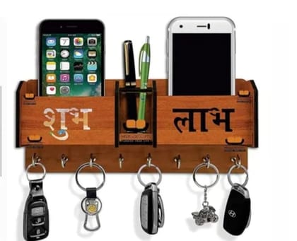 LAAYO Wooden Key Holder & Mobile Holder for Wall Stylish with Storage Box - Home Decorative Stylish Designer Pen Holder & 7 Hook Stand Wooden for Home Wall, Office, Hall & Living Room (Subh-Labh)