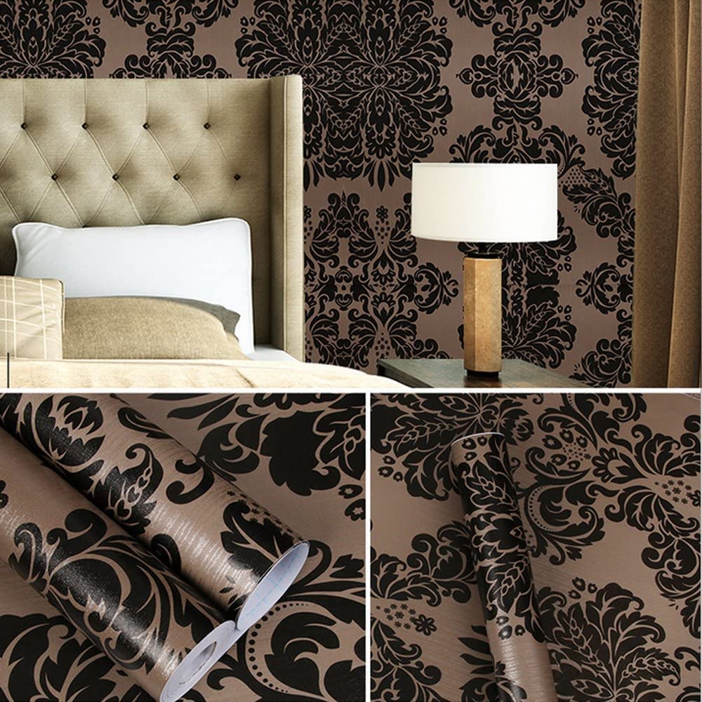 LAAYO Wallpaper for Living Room -3D Wallpaper Wall for Home Decor Wall Paper for Wall(45cm x 250cm, Brown Black Damask)