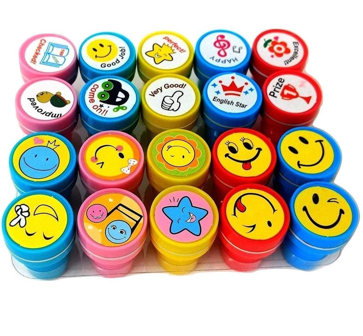 Weshopaholic 20 piece stamps for kids 10 emoji and 10 motivation reward pencil top stamp gift for teachers students and parents toy- Multi color