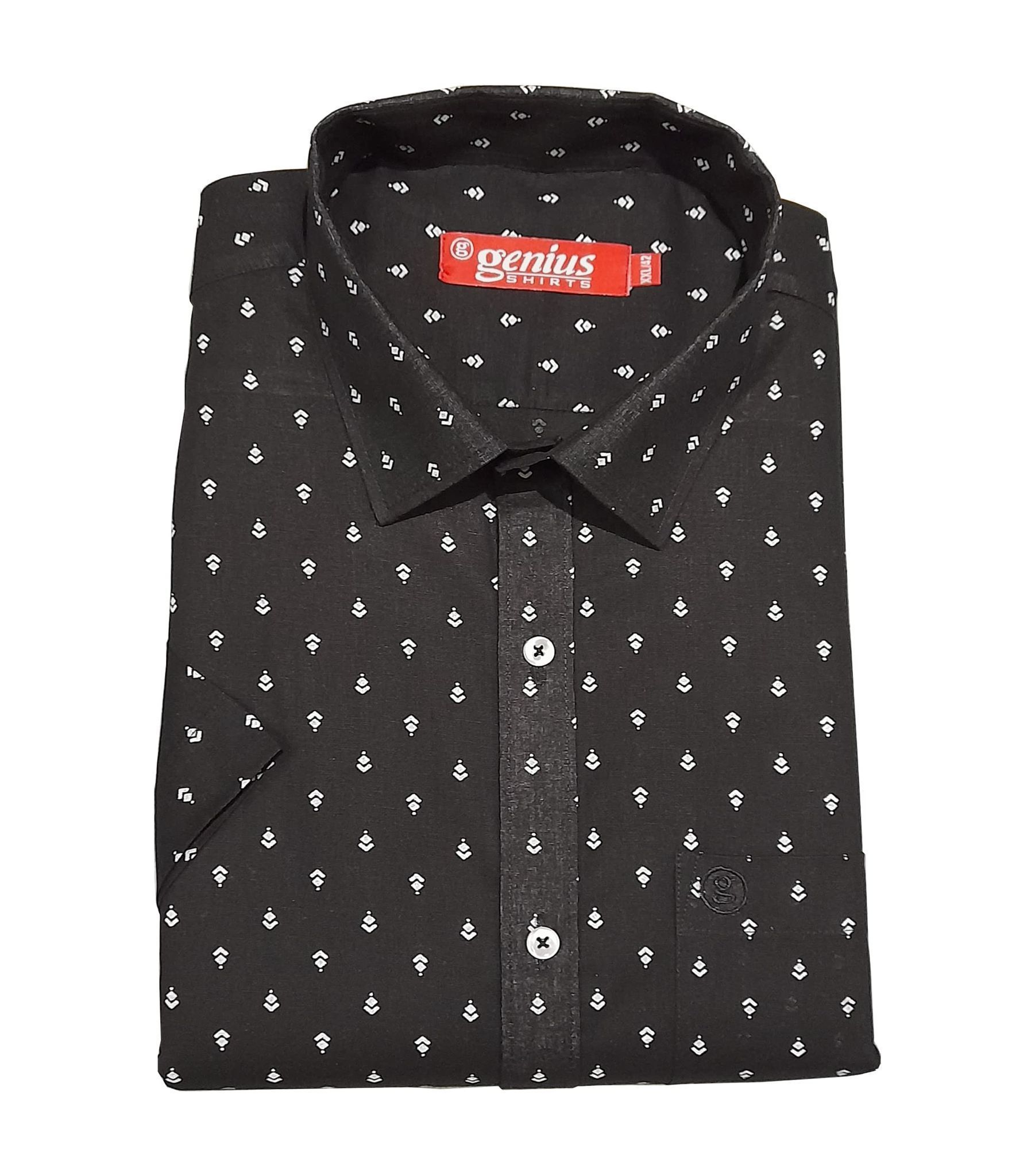 Genius Shirts 100% Cotton Black Print Formal Half Sleeve Shirt for Men (48, Black DS3)