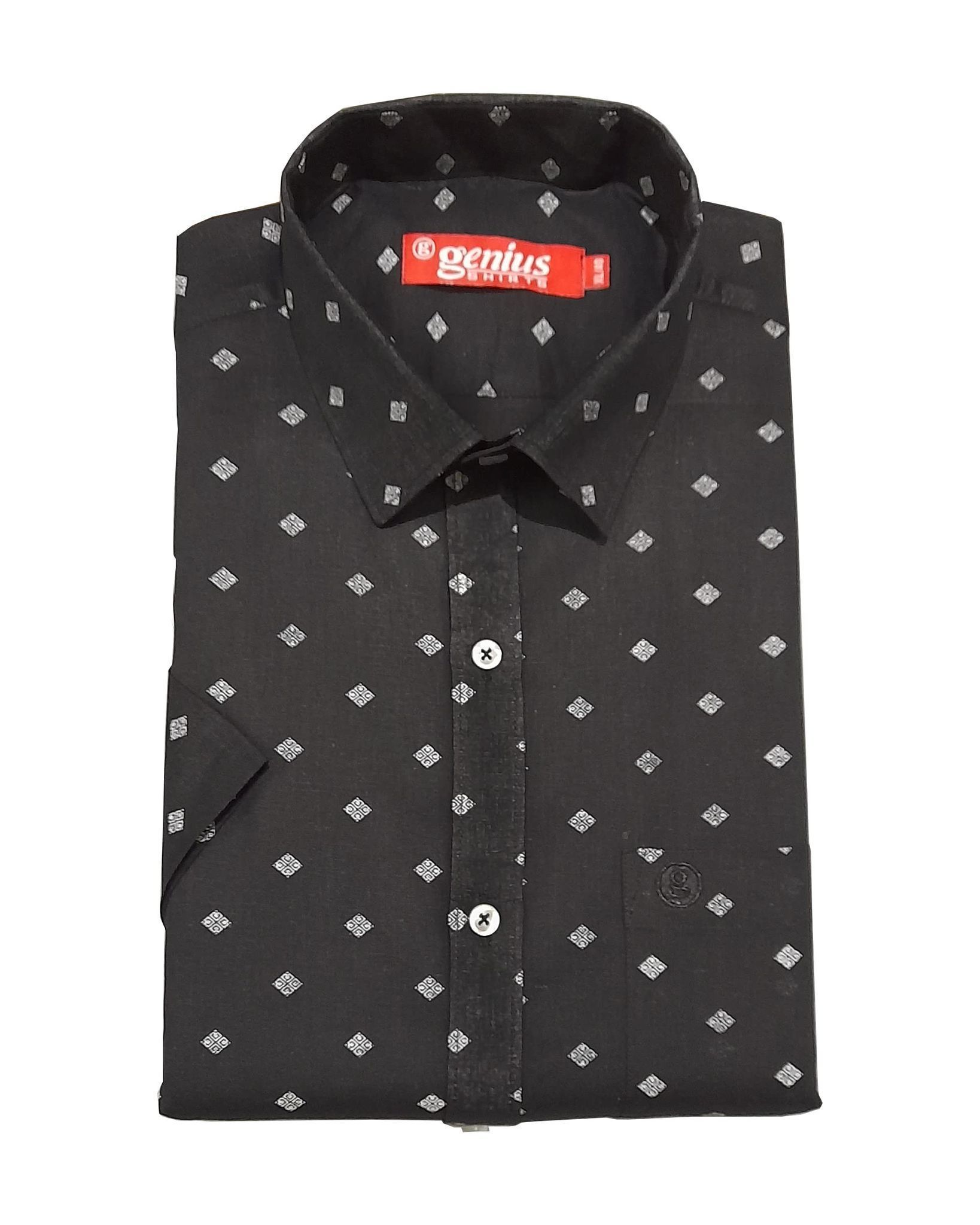 Genius Shirts 100% Cotton Black Print Formal Half Sleeve Shirt for Men (44, Black DS6)