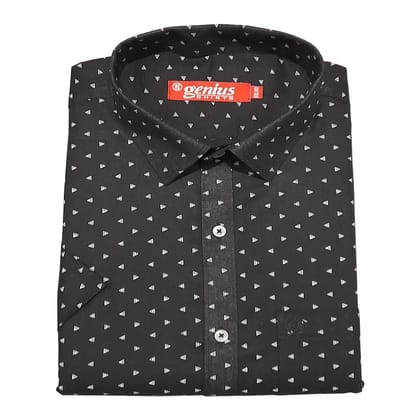 Genius Shirts 100% Cotton Black Print Formal Half Sleeve Shirt for Men (44, Black DS2)