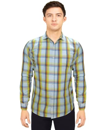 Genius Shirts 100% Cotton Checkered Slim Fit Casual Shirt (L, Yellow)