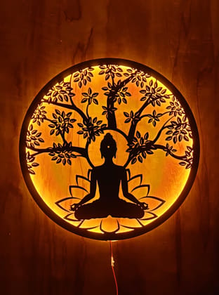 EU Modern Metal Wall Art With LED Panel for Wall Decoration - Wall Hanging for Living Room, Bedroom - Big Size Wall Sculptures ((Size:-45X45 CM), LORD BUDDHA)