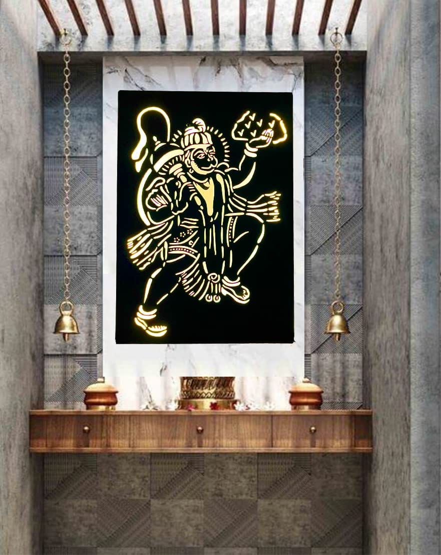 EU Hanuman Metal Wall Art Hanging with LED for Home, Temple, Mandir, living room, & Hospitality Spaces - Gift for Anniversaries, Birthdays, Diwali, Parents, Metal Laser CNC Wall Art 50x40 Size