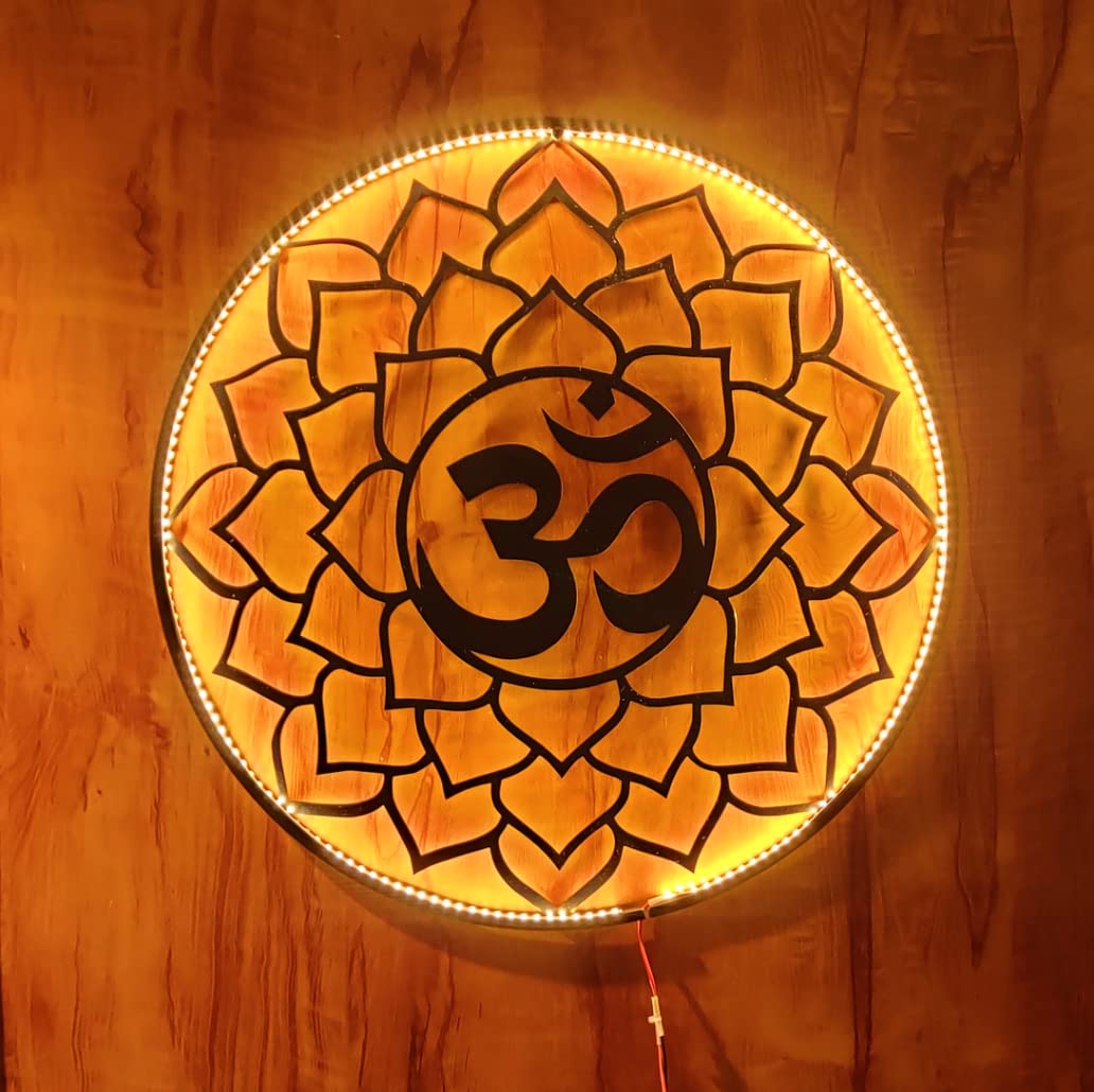 EU OM Mandala Wall Decor with Backlight LED for Pooja Room Lights for Mandir OM Wall Hanging Home Decoration CNC Metal Wall Art OM Design for Mandir with Light Antique Wall Decor Big Size 50cmX50cm