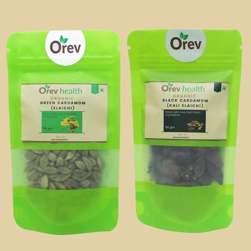 Orev Health Organic Green Elaichi (50g) and Black Elaichi (50g) - 100gm