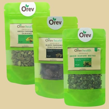 Orev Health Organic Green Elaichi (50g), Black Elaichi (50g) and Dried Kasuri Methi (100g) - 200gm