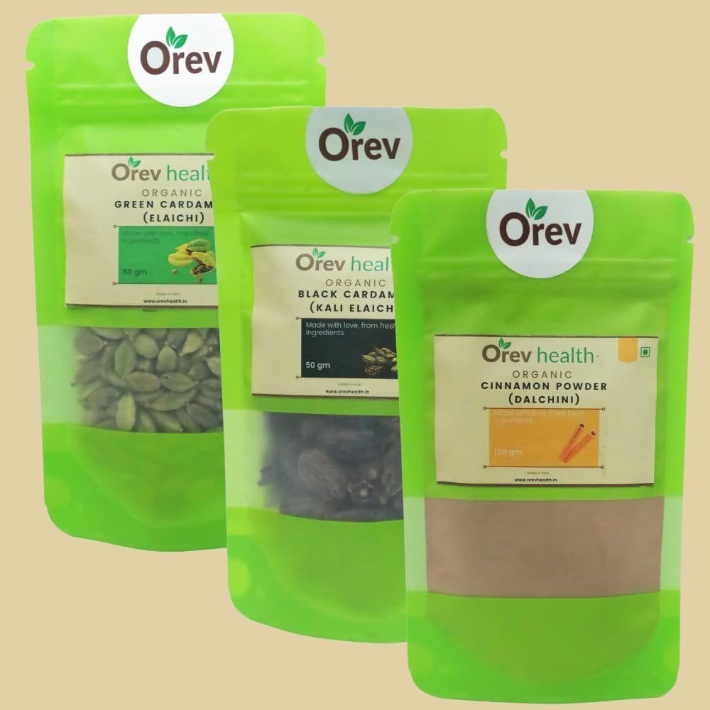 Orev Health Organic Green Elaichi (50g), Black Elaichi (50g) and Cinnamon Powder (100g) - 200gm