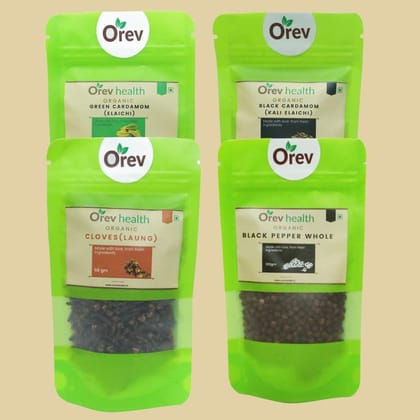 Orev Health Organic Green Elaichi (50g), Black Elaichi (50g), Cloves (50g) and Black Pepper Whole(100g) - 250gm