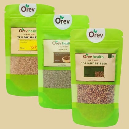 Orev Health Organic Yellow Mustard (50g), Ajwain(100g) and Coriander Seed (100g) - 250