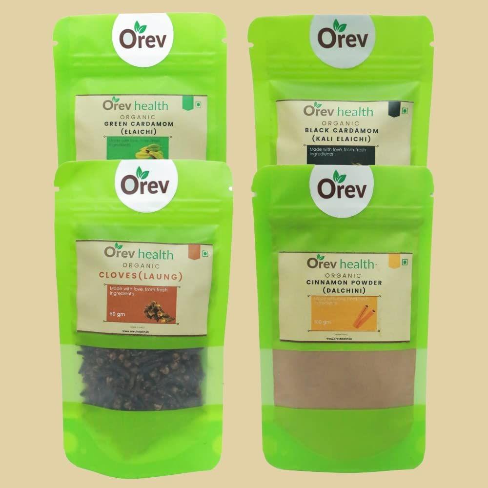 Orev Health Organic Green Elaichi (50g), Black Elaichi (50g), Cloves (50g) and Dalchini Powder (100g) - 250gm