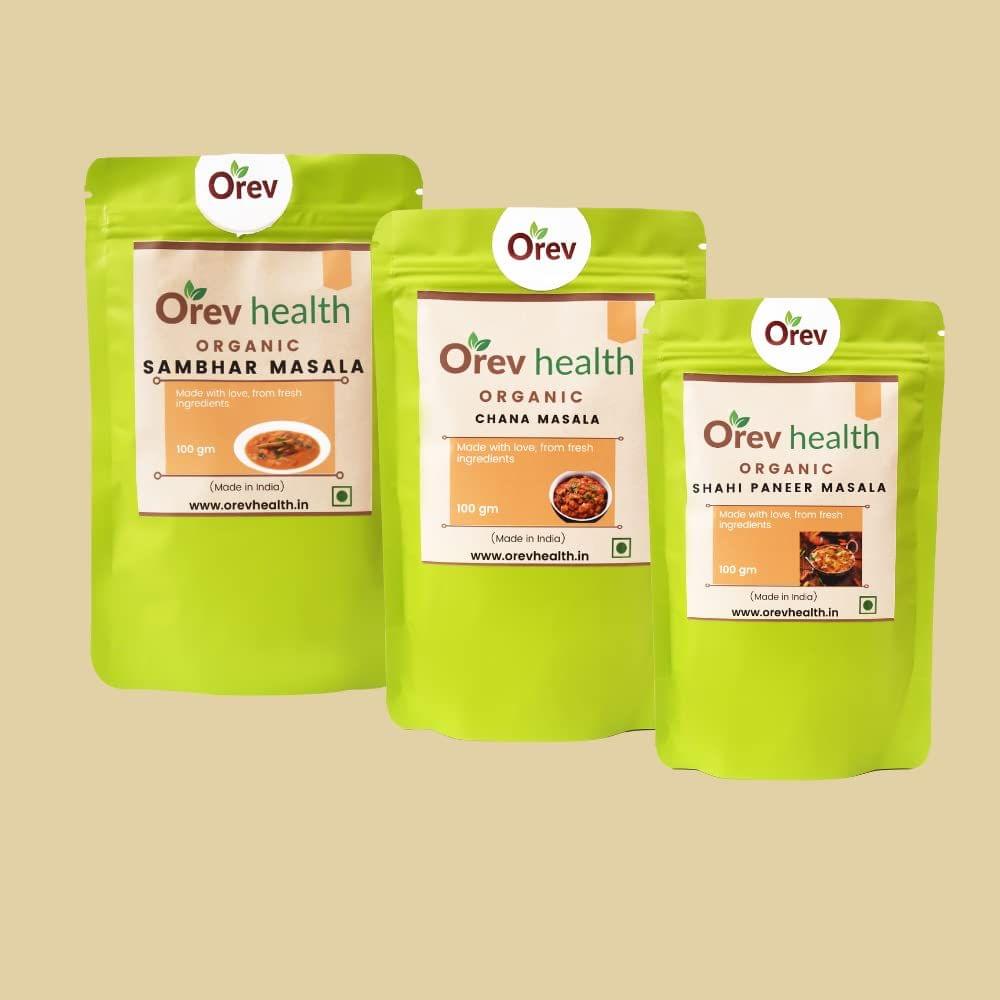 Orev Health Organic Sambhar, Chana and Shahi Paneer Masala - 300gm (100gm * 3pack)