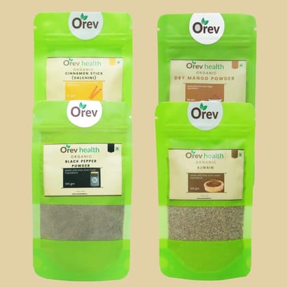 Orev Health Organic Cinnamon (50g), Black Pepper Powder (100g), Dry Amchur Powder (100g) and Ajwain (100g) - 350gm