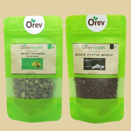 Orev Health Organic Green Elaichi (50g) and Black Pepper Whole (100g) - 150gm