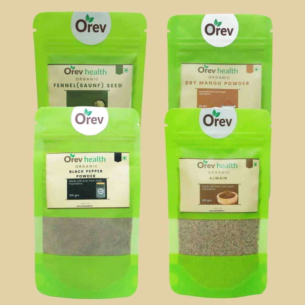 Orev Health Organic Fennel Seed (100g), Black Pepper Powder(100g), Dry Amchur Powder (100g) and Ajwain (100g) - 400gm