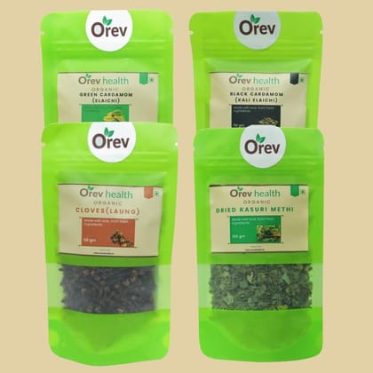 Orev Health Organic Green Elaichi (50g), Black Elaichi (50g), Cloves (50g) and Dried Kasuri Methi (100g) - 250gm