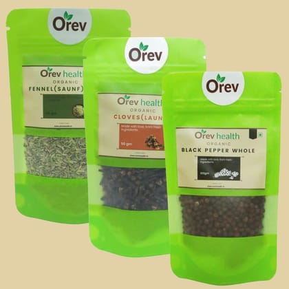 Orev Health Organi Fennel Seed (100g), Cloves (50g) and Black Pepper Whole (100g) - 250gm