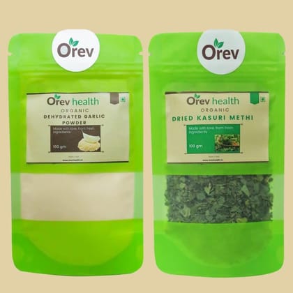 Orev Health Organic Dehydrated Garlic Powder (100g) and Dried Kasuri Methi (100g) - 200gm