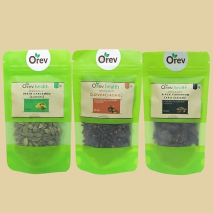 Orev Health Organic Green Elaichi (50g), Black Elaichi (50g) and Cloves (50g) - 150gm