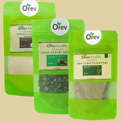 Orev Health Organic Dehydrated Garlic Powder (100g), Tejpatta (50g) and Dried Kasuri Methi (100g) - 250gm