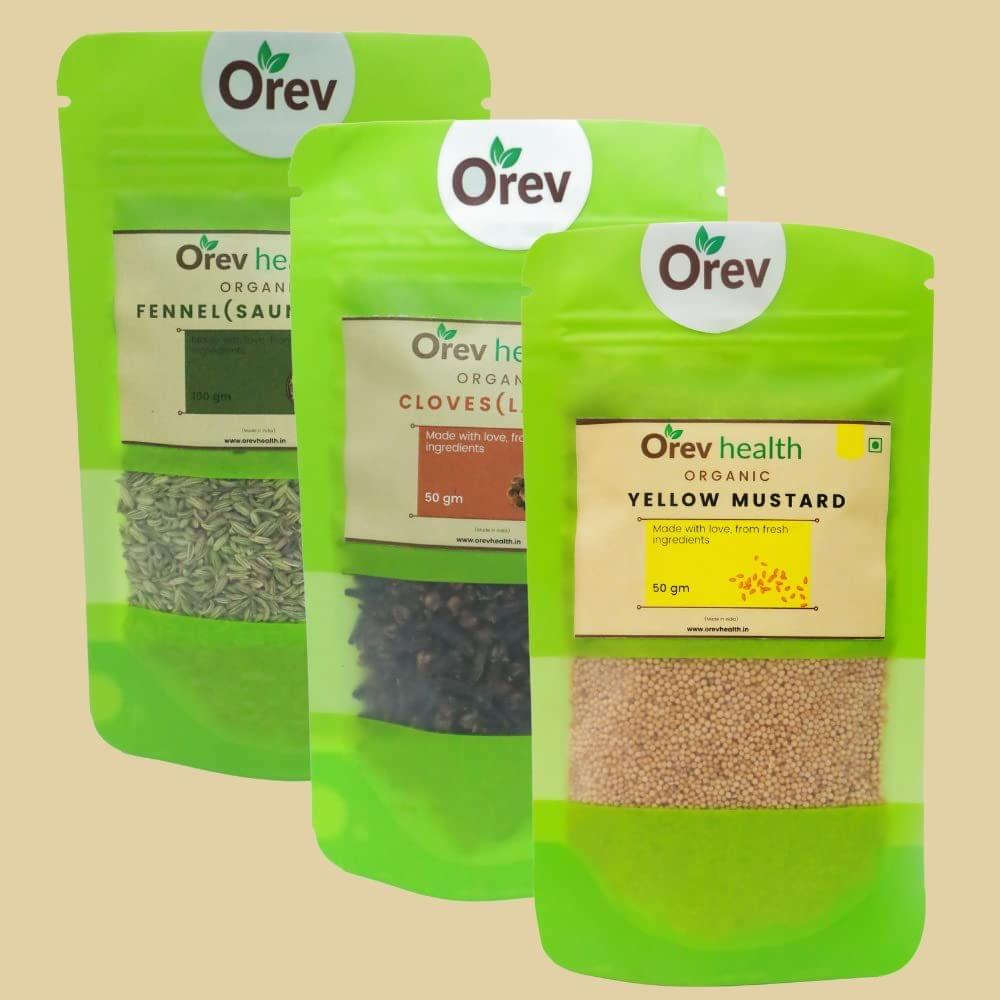 Orev Health Organic Fennel Seed (100g), Cloves (50g) and Yellow Mustard (50g) - 200gm