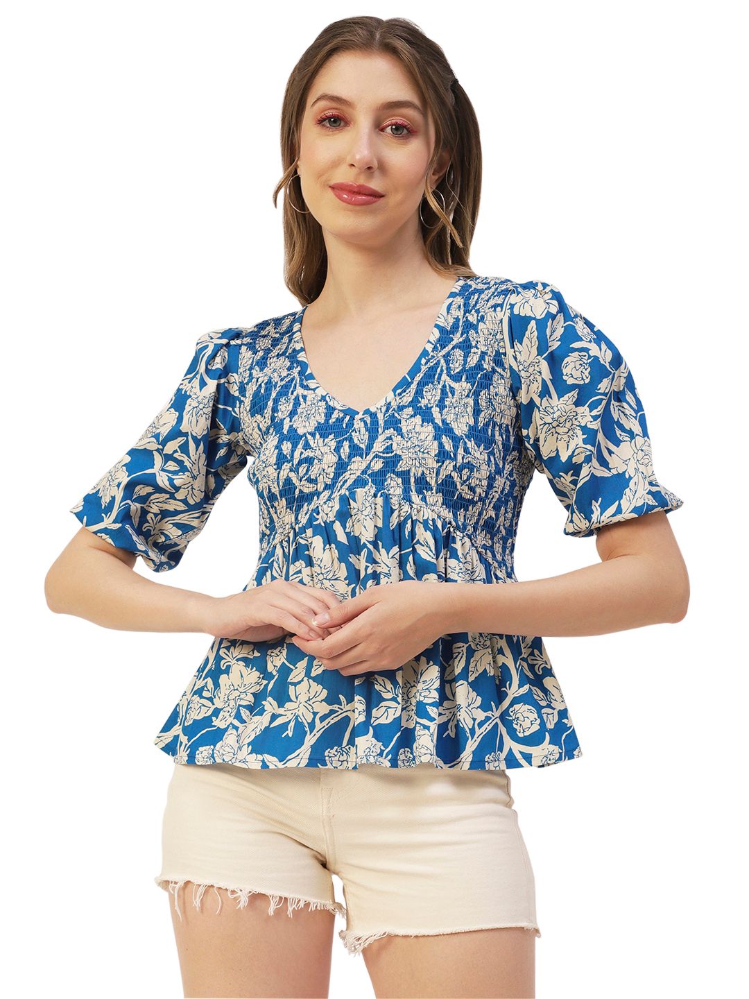 Moomaya Womens Smocked Printed Top, Womens Elbow Sleeve Tops For Summer