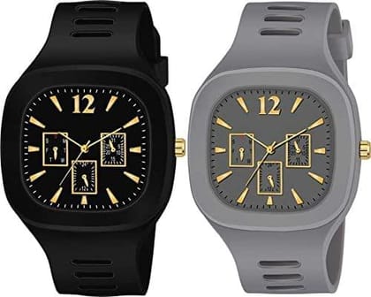 Exelent Silicon Strap Analog Combo Watch- for Men & Boys Black & Gray