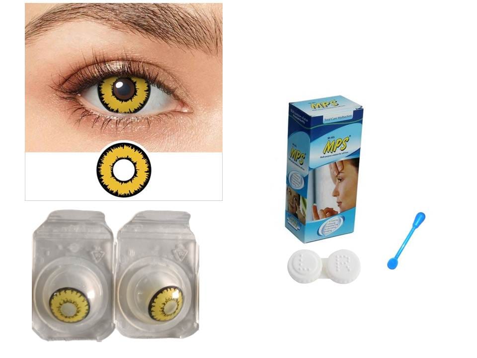 GOLDEN YELLOW MD SPARKLE  MONTHLY CRAZY CONTACT LENS/HORROR LENS WITH CASE, LENS HOLDER AND 80 ML SOLUTION