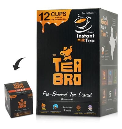 TEA BRO, Instant Milk Tea (Assorted Box - 4 Flavours) | Pre-Brewed Tea Liquid Decoction (Concentrate) | Just Add Hot Water | 12 Tea Kits with (Liq.Tea + Liq.Milk + Sugar) - Assorted Box