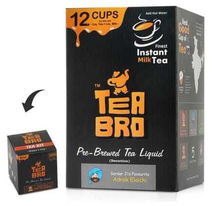 TEA BRO, Instant Milk Tea (Masala Tea Flavour) | Pre-Brewed Tea Liquid Decoction (Concentrate) | Just Add Hot Water | 12 Tea Kits with (Liq.Tea + Liq.Milk + Sugar) - BhaiSahab's Special, Masala Tea Blend