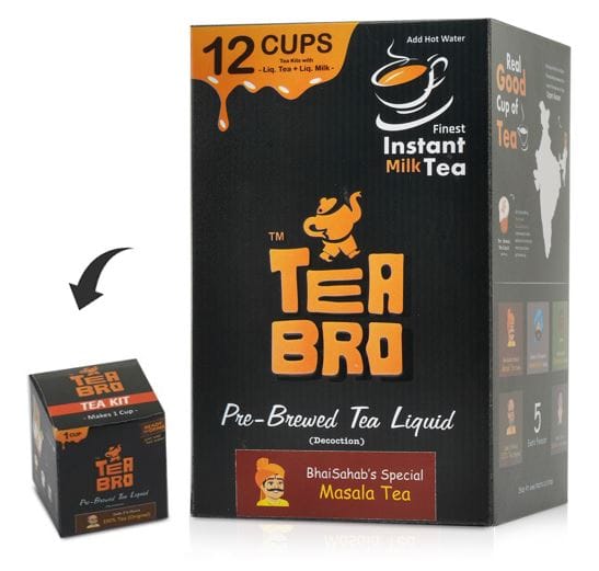 TEA BRO, Instant Milk Tea (Masala Tea Flavour) | Pre-Brewed Tea Liquid Decoction (Concentrate) | Just Add Hot Water | 12 Tea Kits with (Liq.Tea + Liq.Milk + Sugar) - BhaiSahab's Special, Masala Tea Blend