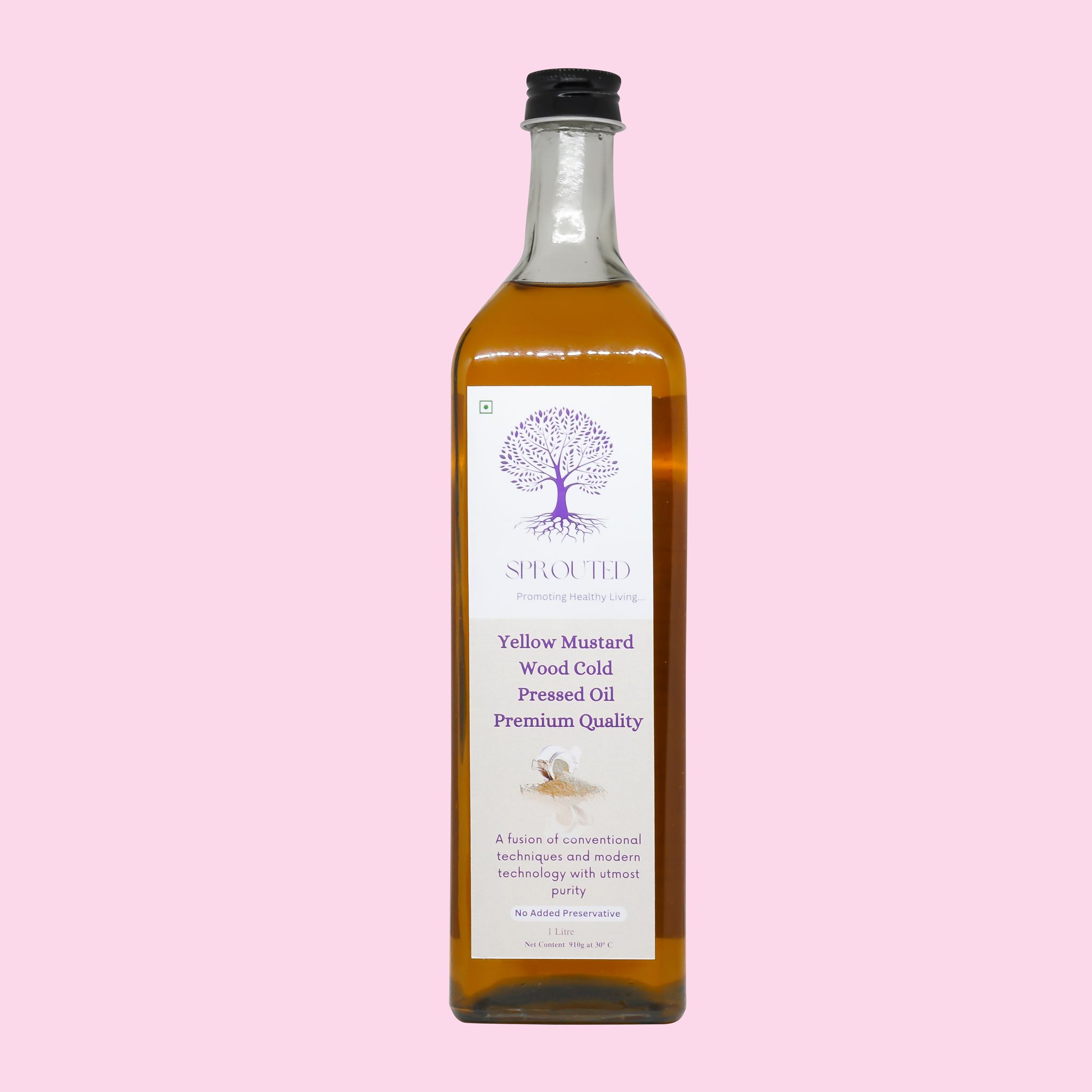 Sprouted Wood Cold PressedYellow Mustard (Sarso ka tel) Oil | Glass Bottle | Kohlu/ Kacchi Ghani | 100% Pure | Gluten-Free | Chemical Free | Wood Cold Pressed/ Cold Pressed Yellow Mustard Oil for Cooking in 1 Litre