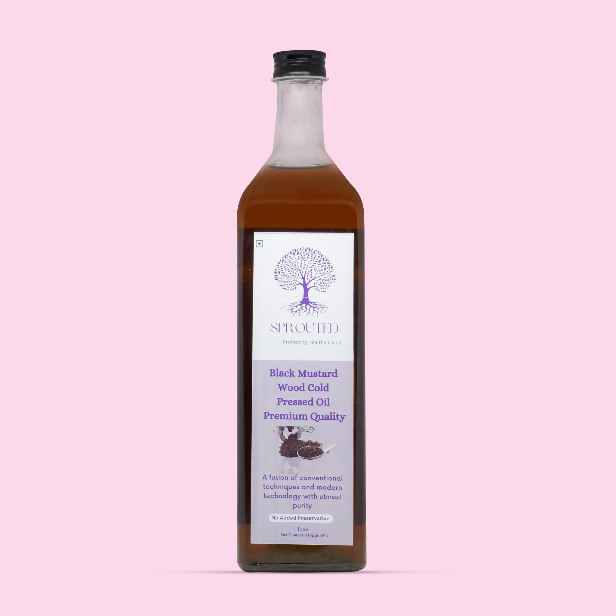 Sprouted Wood Cold Pressed Black Mustard (Kali Sarso ka tel) Oil | Glass Bottle | Kohlu/ Kacchi Ghani | 100% Pure | Gluten-Free | Chemical Free | Wood Cold Pressed/ Cold Pressed Black Mustard Oil for Cooking in 1 Litre