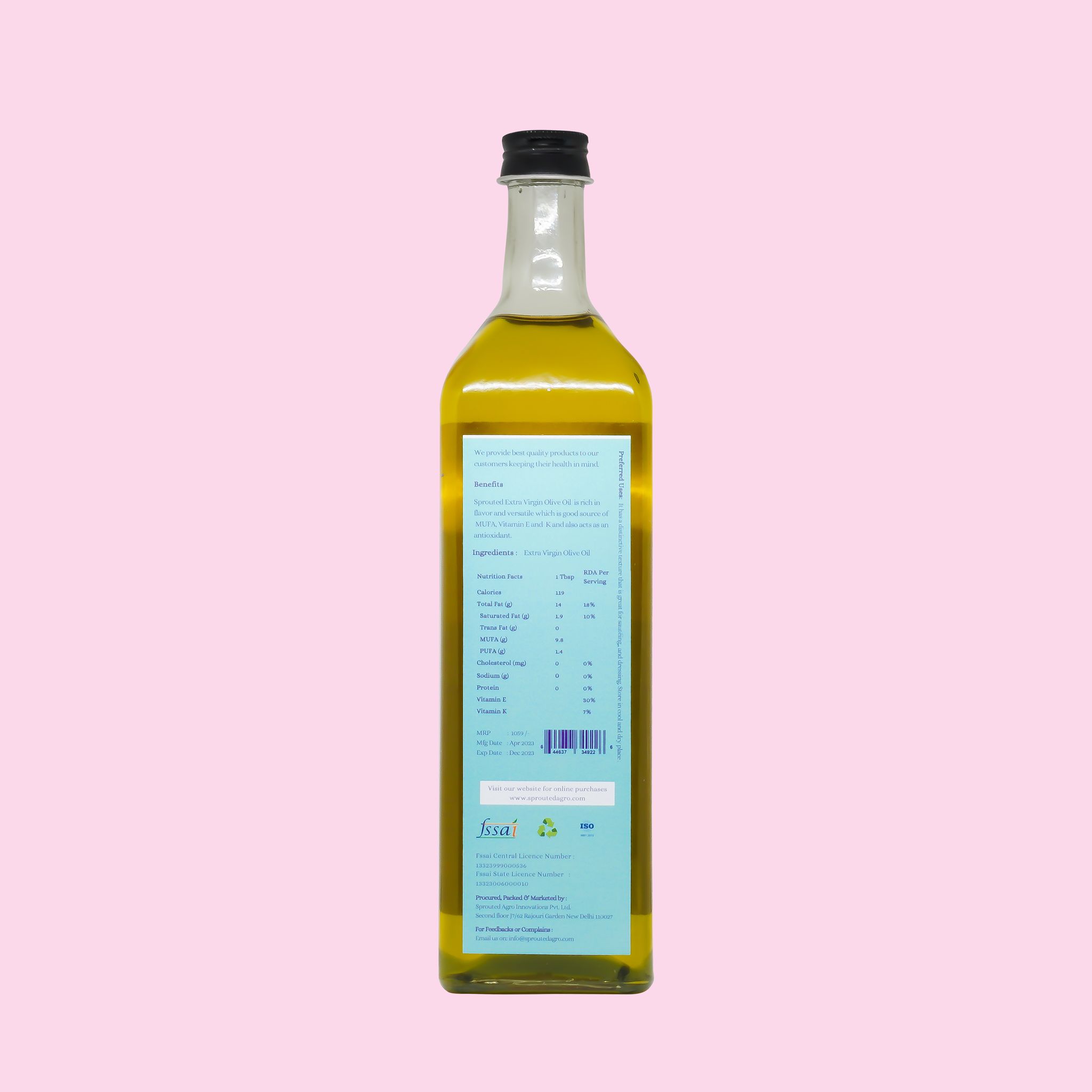 Sprouted Extra Virgin Olive Oil (Jaitoon ka tel) Oil | Glass Bottle | 100% Pure | Gluten-Free | Chemical Free | Extra Virgin Olive Oil for Cooking in 1 Litre