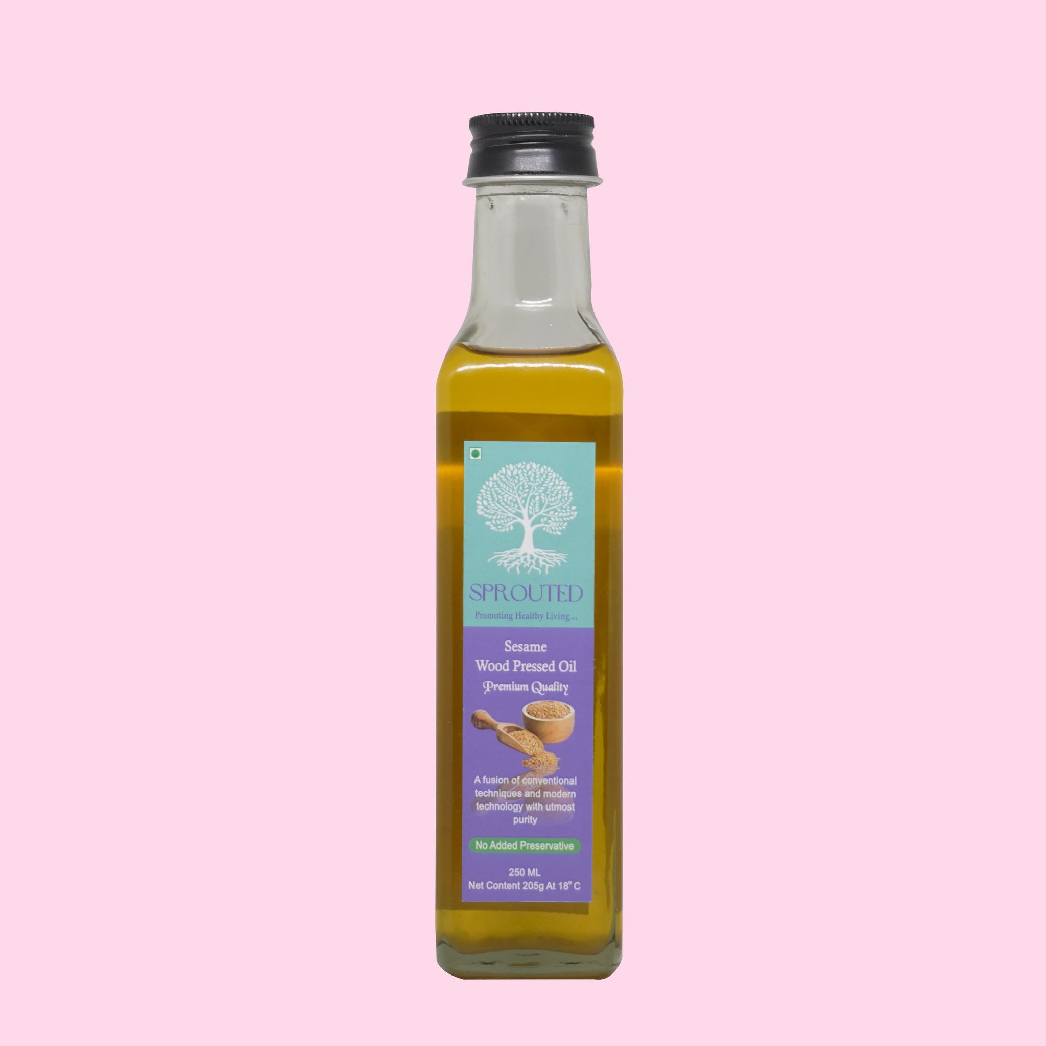 Sprouted Wood Cold Pressed Sesame Oil (Til Ka tel) | Glass Bottle | Kohlu/ Kacchi Ghani | 100% Pure | Gluten-Free | Chemical Free | Wood Cold Pressed/ Cold Pressed Sesame Oil for Cooking, Skincare in 250 ML