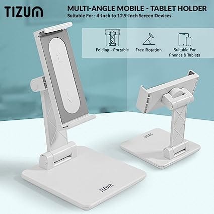 tizum Foldable Portable Mobile Holder with 360 Angle & Height Adjustable  Tablet/Mobile Stand with Anti-Slip Silicone Pads & Solid Heavy Base  Stability, Devices Upto 12.9-Inches, White Tabletop