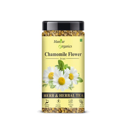 ManHar Organics - Dried Chamomile Flower 45gm Jar Whole Flower Buds of Chamomile |Sleep Relief & Stress Relief |Herbal Tea-Caffeine Free