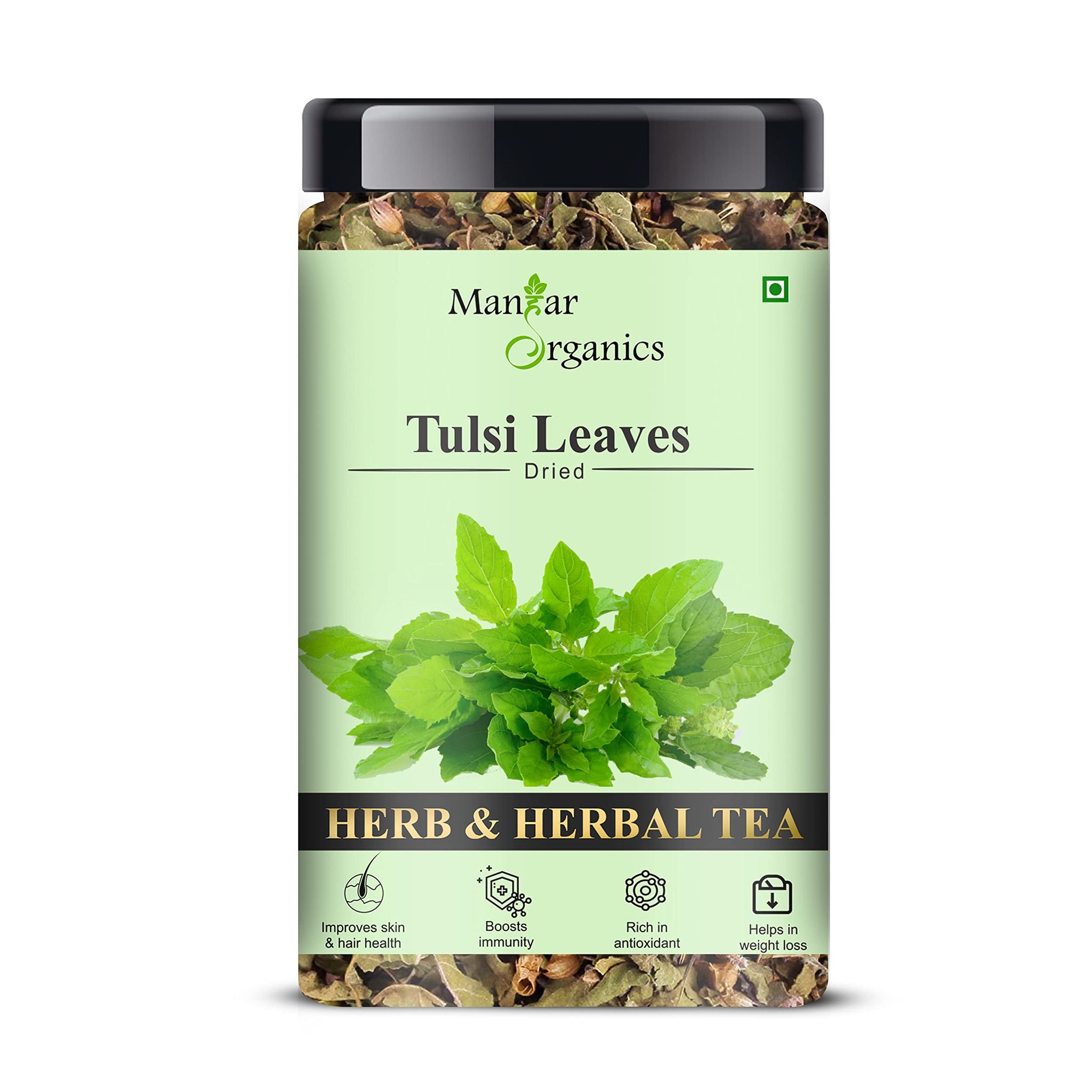 ManHar Organic - Tulsi Leaves 120gm | Queen of Herbs | Dried Tulsi Leaves, Dried Tulsi Buds | Holy Basil (Ocimum tenuiflorum) and Indian Basil (Dried Tulsi Leaves, 120gm)