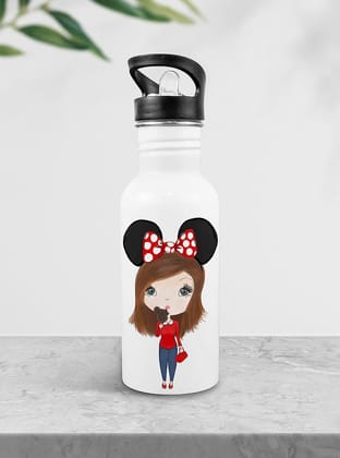 Weshopaholic Stainless Steel Printed Bottle | Wide Mouth Sports Bottle Printed | Leak Proof, Straw Cap | Lightweight Sipper Bottle for Kids – 600 ml (Bow Hair Girl)