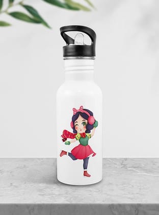 Weshopaholic Stainless Steel Printed Bottle | Wide Mouth Sports Bottle Printed | Leak Proof, Straw Cap | Lightweight Sipper Bottle for Kids – 600 ml (Dancing Girl)